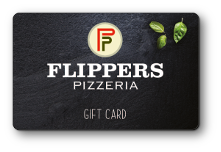 Flippers Pizzeria logo on a dark gray background with a butterfly.